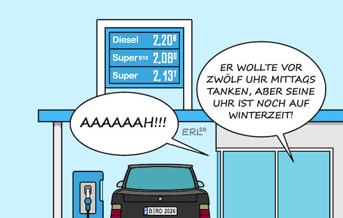 Cartoon: Wer zu spät kommt ... (medium) by Erl tagged politik,irankrieg,anstieg,ölpreis,spritpreis,spritpreispaket,preiserhöhung,zwölf,uhr,mittags,sommerzeit,winterzeit,karikatur,erl,politik,irankrieg,anstieg,ölpreis,spritpreis,spritpreispaket,preiserhöhung,zwölf,uhr,mittags,sommerzeit,winterzeit,karikatur,erl