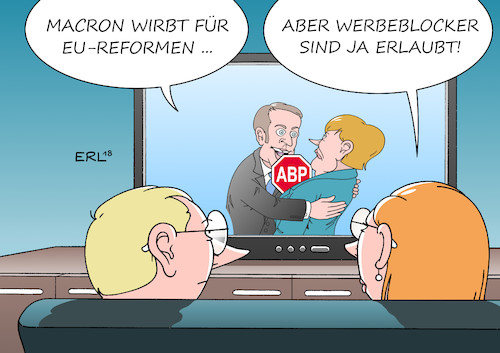 Cartoon: Werbeblocker (medium) by Erl tagged politik,frankreich,präsident,emmanuel,macron,initiative,vorschläge,gestaltung,eu,europa,wiedergeburt,elan,schwung,ideen,solidarität,skepsis,deutschland,cdu,csu,gemeinschaft,schulden,abgabe,souveraenität,bezahlen,bundeskanzlerin,angela,merkel,besuch,werbung,werbeblocker,erlaubt,gericht,urteil,karikatur,erl,politik,frankreich,präsident,emmanuel,macron,initiative,vorschläge,gestaltung,eu,europa,wiedergeburt,elan,schwung,ideen,solidarität,skepsis,deutschland,cdu,csu,gemeinschaft,schulden,abgabe,souveraenität,bezahlen,bundeskanzlerin,angela,merkel,besuch,werbung,werbeblocker,erlaubt,gericht,urteil,karikatur,erl