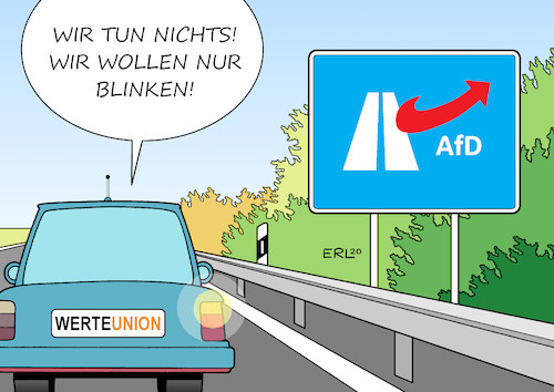 Cartoon: Werteunion (medium) by Erl tagged politik,partei,cdu,streit,richtung,modern,liberal,konservativ,werteunion,wirtschaftsliberal,erzkonservativ,nähe,afd,spenden,autobahn,auto,rechts,blinken,karikatur,erl,politik,partei,cdu,streit,richtung,modern,liberal,konservativ,werteunion,wirtschaftsliberal,erzkonservativ,nähe,afd,spenden,autobahn,auto,rechts,blinken,karikatur,erl