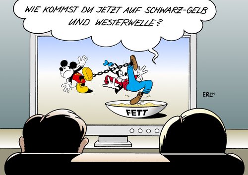 Cartoon: Westerwelle (medium) by Erl tagged westerwelle,guido,außenminister,deutschland,politik,fettnäpchen,fehlentscheidungen,unbeliebt,koalition,schwarz,gelb,cdu,csu,fdp,micky,maus,goofy,heft,jubiläum,sechzig,jahre,westerwelle,außenminister,deutschland,politik,fettnäpchen,fehlentscheidungen,koalition,unbeliebt