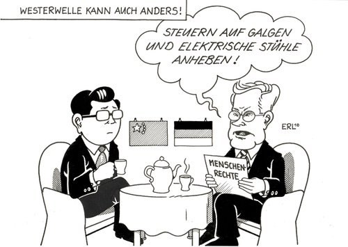 Cartoon: Westerwelle in China (medium) by Erl tagged guido westerwelle,china,menschenrechte,steuern,galgen,elektrischer stuhl,steuer,geld,guido,westerwelle,elektrischer,stuhl