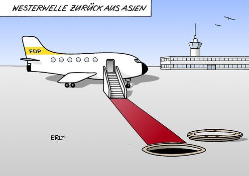 Cartoon: Westerwelle zurück aus Asien (medium) by Erl tagged kanal,gully,rot,teppich,flugzeug,flughafen,rückkehr,asien,reise,außenminister,verlust,niederlage,landtagswahl,wahl,forderung,rücktritt,führungsdiskussion,führung,kritik,vorsitz,westerwelle,fdp,fdp,westerwelle,vorsitz,führungsdiskussion,rücktritt,forderung,wahl,landtagswahl