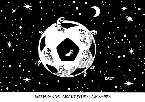 Cartoon: Wettskandal (medium) by Erl tagged fußball,wette,wettskandal,manipulation,weltweit,welt,erde,spiel,fußballspieler,schiedsrichter,geld,bestechung,ergebnis,weltall