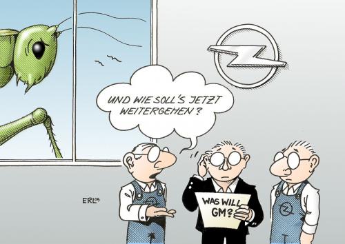 Cartoon: Wie gehts weiter? (medium) by Erl tagged opel,gm,rhj,heuschrecke,zukunft,verkauf,opel,gm,heuschrecke,rhj,zukunft,verkauf,general motors,auto,autos,industrie,autoindustrie,general,motors