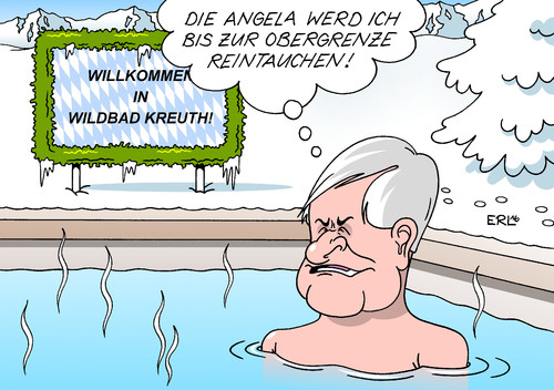 Cartoon: Wildbad Kreuth (medium) by Erl tagged csu,klausur,wildbad,kreuth,bayern,thema,flüchtlinge,obergrenze,integration,konflikt,bundeskanzlerin,angela,merkel,ministerpräsident,horst,seehofer,baden,tauchen,winter,schnee,karikatur,erl,csu,klausur,wildbad,kreuth,bayern,thema,flüchtlinge,obergrenze,integration,konflikt,bundeskanzlerin,angela,merkel,ministerpräsident,horst,seehofer,baden,tauchen,winter,schnee,karikatur,erl