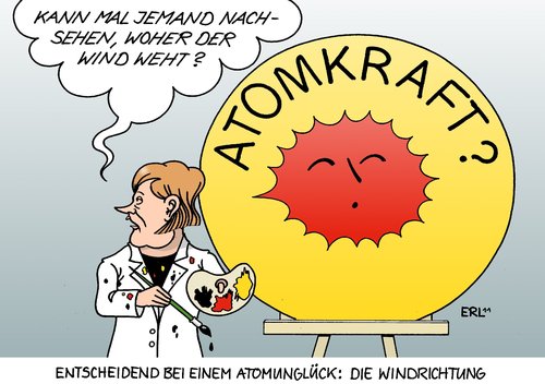 Cartoon: Windrichtung (medium) by Erl tagged japan,atomunfall,atomkraftwerk,deutschland,regierung,merkel,atompolitik,richtung,umfrage,landtagswahl,wahl,japan,atomunfall,atomkraftwerk,deutschland,regierung,merkel,atompolitik,richtung,fukushima