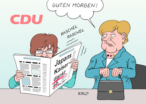 Cartoon: Wink mit der Zeitung (medium) by Erl tagged politik,japan,tenno,kaiser,akihito,abdankung,deutschland,cdu,bundeskanzlerin,angela,merkel,teilrückzug,machtverlust,amtsmüdigkeit,annegret,kramp,karrenbauer,zeitung,wink,karikatur,erl,politik,japan,tenno,kaiser,akihito,abdankung,deutschland,cdu,bundeskanzlerin,angela,merkel,teilrückzug,machtverlust,amtsmüdigkeit,annegret,kramp,karrenbauer,zeitung,wink,karikatur,erl