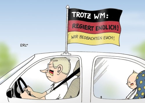 Cartoon: Wir sind doch nicht blöd! (medium) by Erl tagged fußball,weltmeisterschaft,aufmerksamkeit,politik,regierung,streit,murks,unbeobachtet,flagge,fußball,weltmeisterschaft,aufmerksamkeit,politik,regierung,streit,flagge