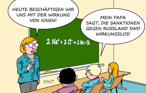 Cartoon: Wirkung (medium) by Erl tagged politik,krieg,russland,ukraine,eu,verhängung,sanktionen,diskussion,wirkung,schule,chemie,ionen,karikatur,erl,politik,krieg,russland,ukraine,eu,verhängung,sanktionen,diskussion,wirkung,schule,chemie,ionen,karikatur,erl