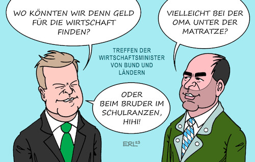 Cartoon: Wirtschaftsministertreffen (medium) by Erl tagged politik,ampel,spd,grüne,fdp,haushalt,umgehung,schuldenbremse,verfassungswidrig,urteil,karlsruhe,milliardenloch,suche,geld,oma,sparstrumpf,matratze,wirtschaft,industrie,wirtschaftsminister,robert,habeck,wirtschaftsministertreffen,bund,länder,kollege,hubert,aiwanger,flugblattaffäre,antisemitismus,flugblatt,schulranzen,bruder,karikatur,erl,politik,ampel,spd,grüne,fdp,haushalt,umgehung,schuldenbremse,verfassungswidrig,urteil,karlsruhe,milliardenloch,suche,geld,oma,sparstrumpf,matratze,wirtschaft,industrie,wirtschaftsminister,robert,habeck,wirtschaftsministertreffen,bund,länder,kollege,hubert,aiwanger,flugblattaffäre,antisemitismus,flugblatt,schulranzen,bruder,karikatur,erl