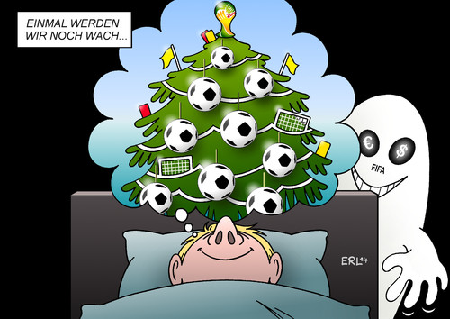 Cartoon: WM-Vorfreude II (medium) by Erl tagged fußball,weltmeisterschaft,wm,brasilien,2014,eröffnung,vorfreude,weihnachten,christbaum,gelbe,rote,karte,eckfahne,traum,nacht,bett,wach,weihnachtslied,fifa,geld,geldgier,gier,gewinn,euro,dollar,gespenst,fußball,weltmeisterschaft,wm,brasilien,2014,eröffnung,vorfreude,weihnachten,christbaum,gelbe,rote,karte,eckfahne,traum,nacht,bett,wach,weihnachtslied,fifa,geld,geldgier,gier,gewinn,euro,dollar,gespenst