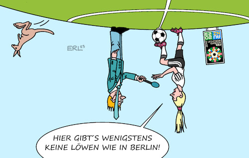 Cartoon: WM Sicherheit (medium) by Erl tagged politik,sport,fußball,weltmeisterschaft,wm,frauen,australien,neuseeland,down,under,südhalbkugel,erde,interview,spielerin,deutschland,reporter,känguru,sicherheit,löwen,löwin,ausbruch,berlin,karikatur,erl,politik,sport,fußball,weltmeisterschaft,wm,frauen,australien,neuseeland,down,under,südhalbkugel,erde,interview,spielerin,deutschland,reporter,känguru,sicherheit,löwen,löwin,ausbruch,berlin,karikatur,erl