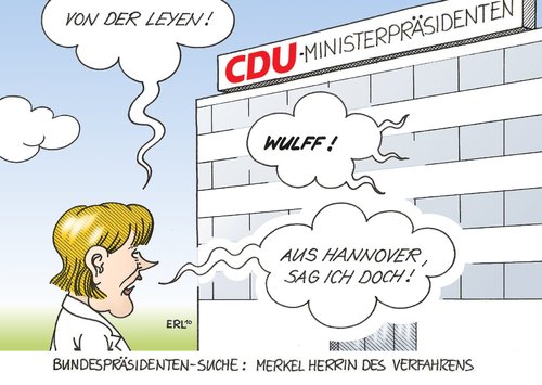 Cartoon: Wulff (medium) by Erl tagged bundespräsident,kandidat,favorit,von,der,leyen,wulff,merkel,ministerpräsidenten,cdu,herrin,verfahren,bundespräsident,kandidat,favorit,wulff,angela merkel,ministerpräsidenten,cdu,herrin,verfahren,angela,merkel