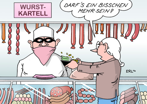 Cartoon: Wurstkartell (medium) by Erl tagged wurst,hersteller,preis,absprachen,preisabsprachen,kartell,wurstkartell,verbraucher,betrug,kosten,nachteil,metzgerei,mehr,wurst,hersteller,preis,absprachen,preisabsprachen,kartell,wurstkartell,verbraucher,betrug,kosten,nachteil,metzgerei,mehr