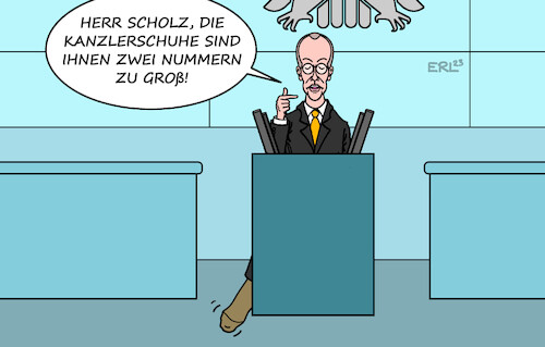 Cartoon: Zeigt her eure Füßchen (medium) by Erl tagged politik,bundesregierung,ampel,spd,grüne,fdp,haushalt,umgehung,schuldenbremse,verfassungswidrig,urteil,karlsruhe,milliardenloch,bundeskanzler,olaf,scholz,rede,bundestag,antwort,oppositionsführer,friedrich,merz,cdu,kanzlerschuhe,zu,groß,fuß,zeigt,her,eure,füßchen,kinderlied,karikatur,erl,politik,bundesregierung,ampel,spd,grüne,fdp,haushalt,umgehung,schuldenbremse,verfassungswidrig,urteil,karlsruhe,milliardenloch,bundeskanzler,olaf,scholz,rede,bundestag,antwort,oppositionsführer,friedrich,merz,cdu,kanzlerschuhe,zu,groß,fuß,zeigt,her,eure,füßchen,kinderlied,karikatur,erl