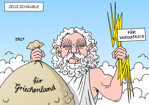 Cartoon: Zeus (medium) by Erl tagged griechenland,krise,schulden,euro,kredit,hilfe,verlängerung,bedingung,reformen,sparkurs,regierung,tsipras,varoufakis,wahlversprechen,reformliste,schäuble,zeus,eu,ezb,iwf,troika,geld,finanzen,abstimmung,bundestag,deutschland,karikatur,erl,griechenland,krise,schulden,euro,kredit,hilfe,verlängerung,bedingung,reformen,sparkurs,regierung,tsipras,varoufakis,wahlversprechen,reformliste,schäuble,zeus,eu,ezb,iwf,troika,geld,finanzen,abstimmung,bundestag,deutschland