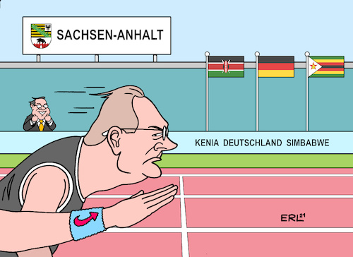 Cartoon: Zieleinlauf (medium) by Erl tagged politik,wahl,landtagswahl,sachsen,anhalt,ministerpräsident,reiner,haseloff,cdu,konkurrenz,afd,rechtsextremismus,rennen,zieleinlauf,knapp,koalition,möglichkeit,kenia,deutschland,simbabwe,schwarz,rot,grün,gelb,hoffnung,rückenwind,armin,laschet,karikatur,erl,politik,wahl,landtagswahl,sachsen,anhalt,ministerpräsident,reiner,haseloff,cdu,konkurrenz,afd,rechtsextremismus,rennen,zieleinlauf,knapp,koalition,möglichkeit,kenia,deutschland,simbabwe,schwarz,rot,grün,gelb,hoffnung,rückenwind,armin,laschet,karikatur,erl