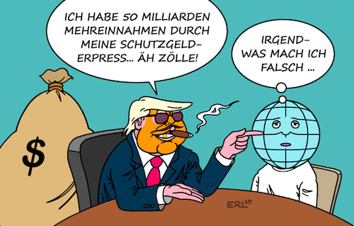 Cartoon: Zolleinnahmen (medium) by Erl tagged politik,usa,trump,zölle,strafzölle,einnahmen,mehreinnahmen,50,milliarden,dollar,mafia,schutzgeld,erde,welt,karikatur,erl,politik,usa,trump,zölle,strafzölle,einnahmen,mehreinnahmen,50,milliarden,dollar,mafia,schutzgeld,erde,welt,karikatur,erl