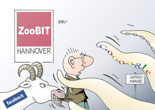 Cartoon: ZooBIT (medium) by Erl tagged cebit,hannover,google,facebook,daten,krake,bock,cebit,hannover,google,facebook,daten,krake,bock,technik,fortschritt,technologie,zoo,internet,web