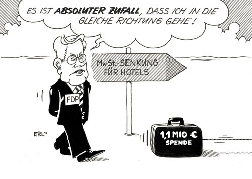 Cartoon: Zufall (medium) by Erl tagged fdp,spende,hotel,gegenleistung,steuer,mehrwertsteuer,senkung,zufall