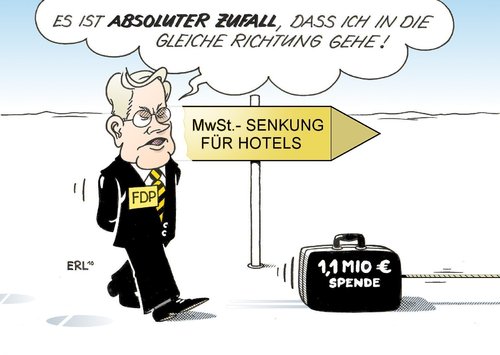 Cartoon: Zufall (medium) by Erl tagged fdp,spende,hotel,gegenleistung,steuer,mehrwertsteuer,senkung,zufall,fdp,spende,hotel,gegenleistung,steuer,mehrwertsteuer,senkung,zufall