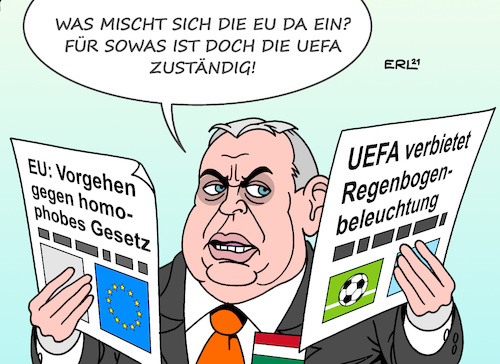 Cartoon: Zuständigkeit (medium) by Erl tagged politik,sport,fußball,europameisterschaft,em,spiel,deutschland,ungarn,allianz,arena,münchen,wunsch,beleuchtung,regenbogenfarben,lgbt,lgbtqia,nein,uefa,viktor,orban,gesetz,verbot,darstellung,homosexualität,normal,homophobie,rechtspopulismus,rechtsextremismus,nationalismus,natur,regenbogen,werte,toleranz,europa,eu,von,der,leyen,schande,karikatur,erl,politik,sport,fußball,europameisterschaft,em,spiel,deutschland,ungarn,allianz,arena,münchen,wunsch,beleuchtung,regenbogenfarben,lgbt,lgbtqia,nein,uefa,viktor,orban,gesetz,verbot,darstellung,homosexualität,normal,homophobie,rechtspopulismus,rechtsextremismus,nationalismus,natur,regenbogen,werte,toleranz,europa,eu,von,der,leyen,schande,karikatur,erl