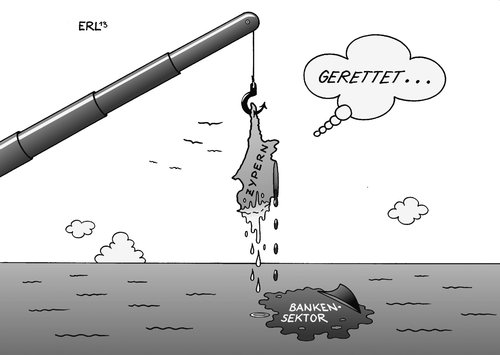 Cartoon: Zypern Rettung (medium) by Erl tagged zypern,pleite,rettung,eu,iwf,ezb,troika,euro,geld,eigenleistung,beitrag,banken,bankensektor,dubios,hai,flosse,finanzhai,angel,angelhaken