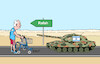 Cartoon: Biden Israel (small) by Erl tagged politik,angriff,überfall,terror,anschlag,hamas,israel,reaktion,bodenoffensive,gaza,überreaktion,brutalität,leid,zivilbevölkerung,plan,vorrücken,rafah,einschreiten,usa,präsident,joe,biden,drohung,stopp,waffenlieferungen,rollator,panzer,karikatur,erl