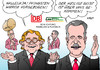 Cartoon: Einigung und Schlichtung (small) by Erl tagged deutsche,bahn,db,ulrich,weber,gewerkschaft,der,lokführer,gdl,claus,weselsky,streik,einigung,tarif,zuständigkeit,schlichtung,matthias,platzeck,spd,bodo,ramelow,die,linke,linkspartei,kritik,holzhammer,neutralität,neutral,parteiisch,karikatur,erl