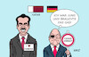 Cartoon: Emir zu Besuch II (small) by Erl tagged politik,besuch,emir,katar,unterstützer,terrororganisation,hamas,terror,überfall,israel,bundeskanzler,olaf,scholz,deutschland,abhängigkeit,gas,moral,geschäft,augenklappe,verbot,karikatur,erl