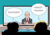 Cartoon: Scholz Fernsehansprache (small) by Erl tagged politik,krieg,angriff,überfall,wladimir,putin,russland,ukraine,deutschland,unterstützung,lieferung,schwere,waffen,waffenlieferung,bundeskanzler,olaf,scholz,zauderer,kriegstreiber,fersehansprache,karikatur,erl