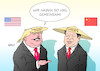 Cartoon: Trump in China (small) by Erl tagged usa,präsident,donald,trump,reise,besuch,china,handel,import,export,nationalismus,egoismus,vorteil,america,first,gemeinsamkeit,geld,deal,xi,jinping,staatspräsident,volksrepublik,kommunistische,partei,autokratie,karikatur,erl