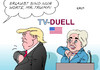 Cartoon: TV-Duell USA (small) by Erl tagged tv,duell,fernsehen,usa,wahl,präsidentschaft,präsidentschaftswahl,kandidaten,hillary,clinton,demokraten,donald,trump,republikaner,rechtspopulismus,aggression,gefühl,waffen,fakten,verweigerung,pöbelei,gewalt,worte,argumente,medien,karikatur,erl