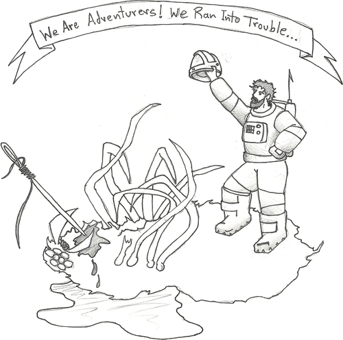 Cartoon: Adventurers (medium) by robobenito tagged adventurers,space,spaceman,astronaut,fight,demon,hero,helmet,spider,giant,needle,kill,death,legs,arachnid,arana,banner,trouble,victory,celebration,monster,eyes,eight,blood