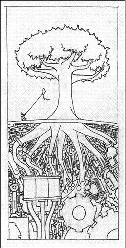 Cartoon: Mechanics of Nature (medium) by robobenito tagged nature,mechanics,mechanical,gears,tree,kite,child,kid,fun,play,branch,wind,freedom,sinister,machinery,false,deception,mystery,alien,natural,sky,wheels,technology,computer,information,underground,ground,earth,pollution,ecology,climate,change