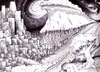 Cartoon: Ebb and Flow (small) by robobenito tagged city nature river night wave cliff trees forest swirl moon darkness country urban rural flowing wilderness town seasons pier building skyscrapers tree civilization science drawing pen pencil green ecology technology growth planet dependent