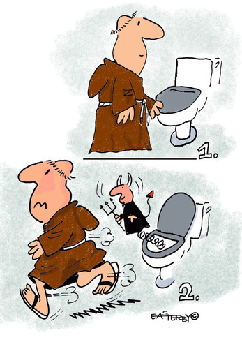 Cartoon: Devilish (medium) by EASTERBY tagged monks,devils,toilets,glaube,religion,kirche,gott,bibel,mönch,toilette,wc,teufel,badezimmer,satan