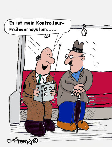 Cartoon: Early warning (medium) by EASTERBY tagged transport,inspectors,bahn,zug,ubahn,fahrgäste,fahrgast,kontrolle,kontrolleur,fahrkarten,tickets,schwarzfahrer,warnung,frühwarnsystem,warnen,system