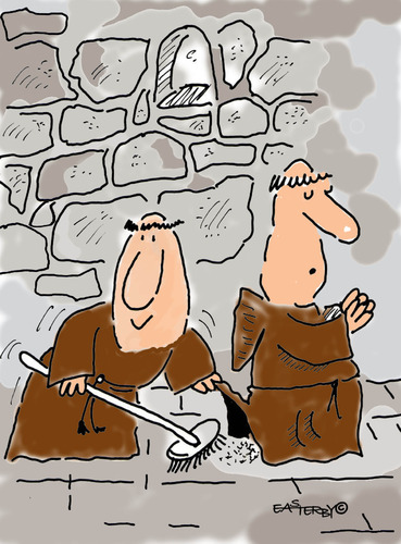 Cartoon: HOLY ORDERS 8 (medium) by EASTERBY tagged monks,halos,faith,believing,cleaning