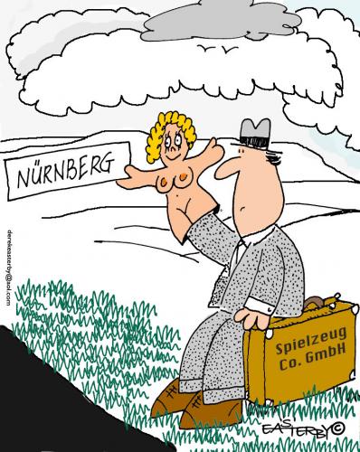 Cartoon: Toy fair Nuremberg (medium) by EASTERBY tagged toyfair,glovepuppets,salesman,hitchhiker