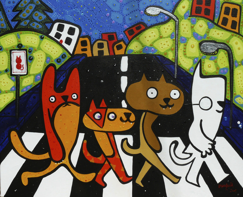 Cartoon: 4 cats (medium) by Munguia tagged beatles,cats,kitty,kitten,abbey,road,cover,album,parody,painting,sidewalk