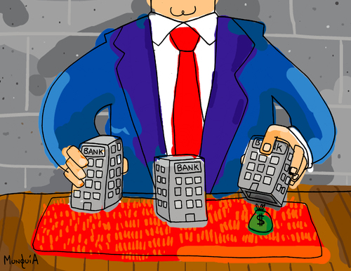 Cartoon: Banks vrs You (medium) by Munguia tagged skam,tramp,money,bulding,shell,gambler,bank