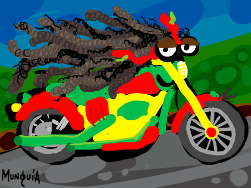 Cartoon: Bob Harley (medium) by Munguia tagged bob,marley,harley,davidson,mothorcycle,cycle,road,born,wild,highway,calcamunguias,costa,rica,reggae,regue,wheels