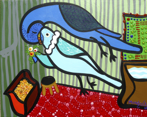 Cartoon: Budgies Love (medium) by Munguia tagged budgies,love,kiss,birthday,marc,chagall,parody,painting,costa,rica,humor,grafico,munguia,periquitos,de,amor