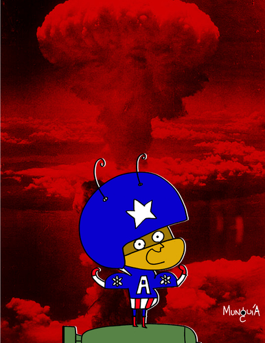 Cartoon: Captain Atomic Ant from America (medium) by Munguia tagged september11,911,twin,towers,new,york,terror,usa,2001,japon,hiroshima,atomic,atom,ant,captain,america,starter