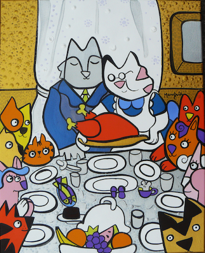 Cartoon: Dinner (medium) by Munguia tagged norman,rockwell,freedom,of,want,thanks,giving,famous,paintings,parodies,cats,kitty,gato