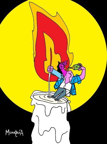 Cartoon: Drunk on a candle (medium) by Munguia tagged drunk,alcohol,aguardiente,candle,hot,fire,burning