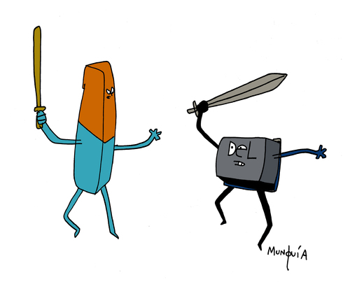 Cartoon: Erase vrs Delete (medium) by Munguia tagged erase,delete,key,keyboard,eraser,deleter,sword,fight,munguia