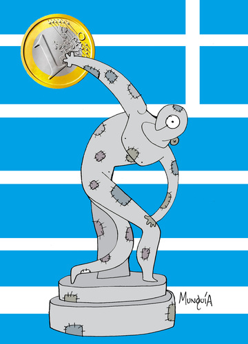 Cartoon: Eurobolo (medium) by Munguia tagged discobolo,sculpture,miron,grece,greek,crisis,economy,financial,euro,europe,europa,money,coins,cents,5cents,munguia,costa,rica,humor,grafico,ruins