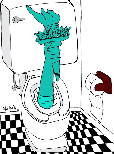 Cartoon: flushing freedom (medium) by Munguia tagged liberty,statue,new,york,freedom,peace,war,toilet,wc,flush,torch,hand,munguia,costa,rica